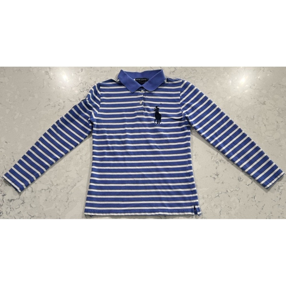 VTG 90s Ralph Lauren Polo Shirt Womens Large Blue White Striped Slim Fit